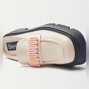 BERSHKA 37/7 Cream Platform Loafers Slides Mules with Pink Yellow Accent